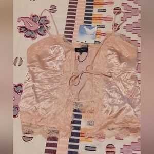 NWT Majorelle Pink Lace Trim Tie Front Crop Spaghetti Strap Top Medium